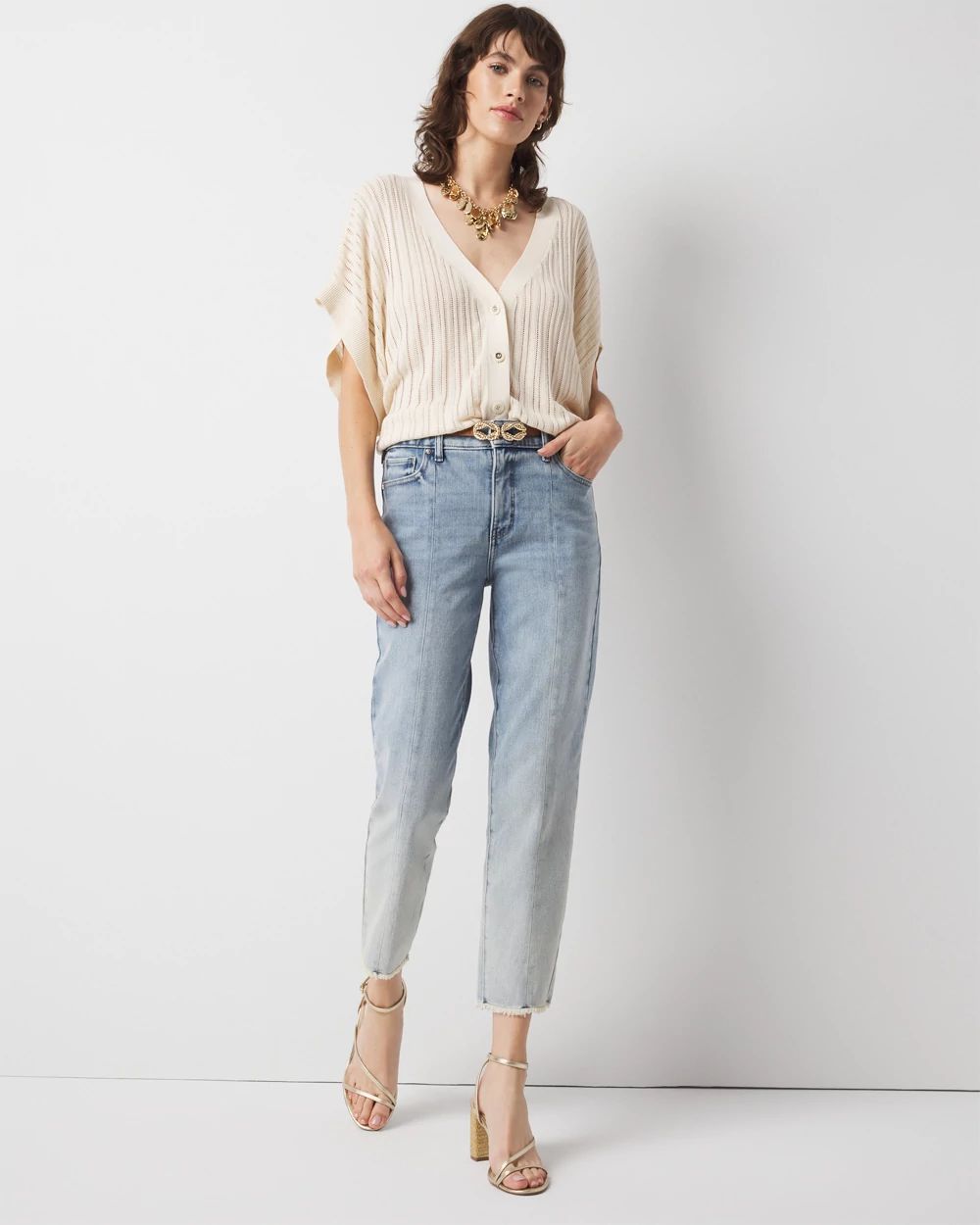 High-Rise Raw Hem Pintuck Straight Jean with Slit | White